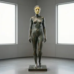 the full body shot of sculture of woman in bronze mask covered with wax inside the room without doors and windows | interstellar movie by ridley scott with cinematogrophy of christopher doyle and art direction by hans giger, anamorphic bokeh and lens flares, 8 k, higly detailed masterpiece