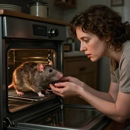 woman puts a big rat in the oven 90s by Laurie Lipton, high detailed, realistic,dark surrealism, hyper detailed