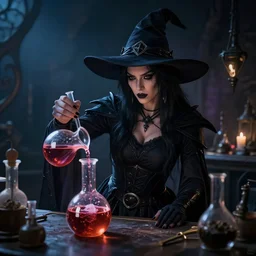 an epic fantasy comic style portrait of a dark witch brewing a potion in her workshop, darkness, unreal 5, daz, hyperrealistic, octane render, cosplay, rpg portrait, dynamic lighting