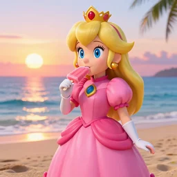 princess peach eating a popsicle on a beach, the sun setting in the background - n 9