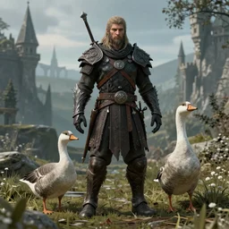 Alduin as a Goose in Skyrim, photorealistic, symmetric