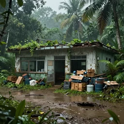 on rainy days, the last of us : part 2 style, a dilapidated office building in the tropical rain forest, with potholes and mud roads, piled with rescue materials, wooden boxes and iron buckets, all covered by vegetation. by sergey vasnev and jan urschel, matte painting, real lighting, ponding