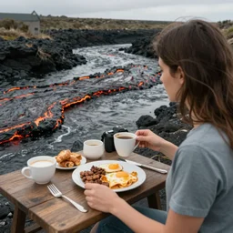 a DSLR of a woman having breakfast next to a river of Lava, 4K
