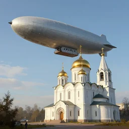 a large dieselpunk airship is standing in the air over a splendid white church in russia, full morning sun, matte painting by greg rutkowski, craig mullins