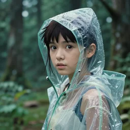 Cinestill 50d, 8K, highly detailed, studio ghibli mononoke style 3/4 extreme closeup portrait, eye contact, focus on clear transparent raincoat model, tilt shift zaha hadid style forest background: famous movie remake, forest scene