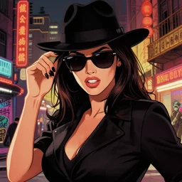 dream of a film still from sin city, closeup portrait of film noir angry megan fox private detective wearing a hat and sunglasses, china town, glamour pose, detailed illustration, digital art, trending on artstation, patrick nagel, yoshitaka amano, daniel merriam, graffiti, gta v,