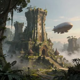 a highly detailed matte painting of a lost jungle temple, the mist settles on the ground while the morning light glows off the stone structures, a steampunk airship hovers over the temple, by Caspar Friedrich