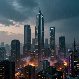 3 5 mm atmospheric dusk urban photographic landscape of dystopian blade runner 1 9 8 2 city, matte painting, cinematic composition, futuristic dystopian megacity skyline with towering mega - skyscrapers, falling acid rain, neon, industrial fires and smog, dramatic cinematography 3 5 mm