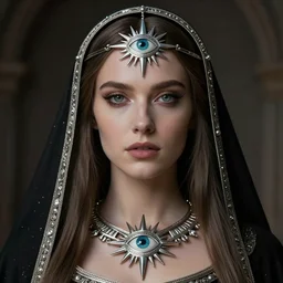 portrait of a beautiful female cleric with long hair. She wear a silver detailed symetric amulet of a sun eye. Epic fantasy. beautiful. hyperrealism symetric face cinematic top lighting, insanely detailed and intricate, face by wlop, Charlie Bowater, golden ratio, symmetric, elegant, ornate, luxury, elite, matte painting, cinematic, trending on artstation, deviantart and cgsociety, 8k, high resolution