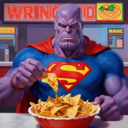 beautiful lifelike painting of thanos as superman ordering nachos at the wrong noodle bar, hyperreal detailed facial features and uv lighting, retro pixel bitmap art by ed roth and basil wolverton