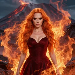 style artgerm, joshua middleton : : beautiful kristen bell with dark red dress, very long orange hair, symmetrical face, symmetrical eyes : : 1 fire powers fire swirling : : 8 detailed, volcano setting : : 1 0 cinematic lighting