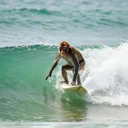 monkey surfing on a green sea wave, natural lighting, highly detailed, 4 k, ultra hd