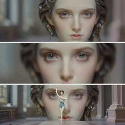 beautiful three point perspective film still of holly herndon in merce cunningham, extreme closeup portrait in style of frontiers in blade runner miniature photography fashion architectural art studio seinen manga edition, real - life porcelain statue in victorian glass, eye contact, anatomically correct, pointe pose, tilt shift background, soft lighting, panavision, 8 k, macro, cinematic style, bokeh