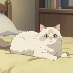 a white ragdoll cat lies on the bed in the bedroom, warm atmosphere, anime key visual, digital art, anime screenshot, kyoto animation, makoto shinkai, trending on pixiv,