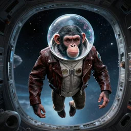“ portrait of a genetically modified chimp in a 1 9 5 0's space suit and leather jacket. he can project a bubble of oxygen that covers his head. he is flying through open space into a portal to another dimension. in the style of frank miller. ”