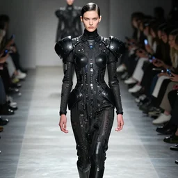 a model walks down the runway at a fashion show, cyberpunk art by alexander mcqueen, trending on tumblr, retrofuturism, black dress with circuitry, futuristic, sci - fi