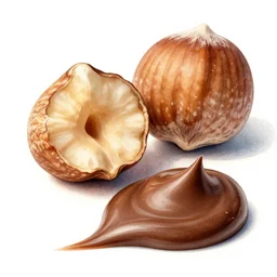 a hazelnut next to a blob of milk chocolate, white background, macro, ultra detailed, intricate, sharp focus, watercolour illustration by John Singer Sargent, 8K