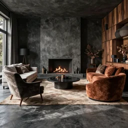 a dark luxurious tastefully decorated living room with a mix of antique and modern furniture, and a mix of concrete and wood finishes