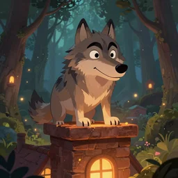a cartoonish big wolf is inside the chimney of a house in a mystical forest full of wonders, warm lighting, magical atmosphere, trending on artstation, 30mm, by Noah Bradley trending on ArtStation, deviantart, high detail, stylized portrait