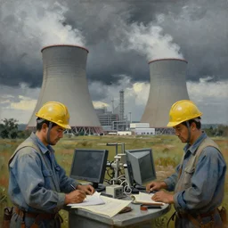 nuclear engineers, socialist realism paintings, highly detailed, intricate, dark overcast sky, nuclear plant in the background