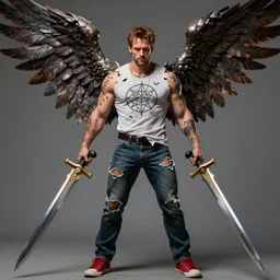 front Sam Winchester is a muscular armoured angel holding swords angei wings wide open, teared apart T-Shirt and jeans, red Sneakers, whole body tattooed with runes and satanic symbols, D&D!, fantasy style, sharp focus!, ultra detailed, art by Artgerm and Peter Andrew Jones, WLUP