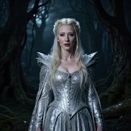portrait of (mischievous), baleful Cate Blanchett as Galadriel as a queen of fairies, dressed in a beautiful silver dress. The background is a dark, creepy eastern europen forrest.  night, horroristic shadows, high contrasts, lumnious, theatrical, character concept art by ruan jia, thomas kinkade, and J.Dickenson, trending on Artstation