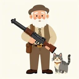 stylized portrait of an old grandpa granny with a bazooka in hand, a cat standing next to him by john harris