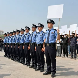 few policemans lined up, standing against the protesters with blank posters, сlear sky, concept art, intricate details, highly professionally detailed,, highly detailed -