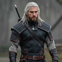 Jason Momoa as Witcher, from Witcher (2021), Netflix, medium shot, high-quality photo, natural lighting,