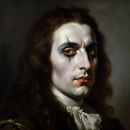 a baroque neoclassicist close - up portrait of a dark magician wearing circus make - up while gazing intensely. head, face and shoulders, foggy background. renaissance portrait painting. highly detailed science fiction painting by norman rockwell, frank frazetta, and syd mead. rich colors, high contrast, gloomy atmosphere, dark background. trending on artstation.