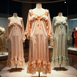 the film still photographed image is of 1 9 0 0 s haute couture sleepwear ensemble is featured in a museum exhibit. the ensemble is inspired by taurus, the zodiac sign. vibrant cinematography, anamorphic lenses, upscale, hyper realistic photo, crisp, detailed image in 8 k resolution.