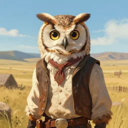 wild west portrait of furry anthro anthropomorphic owl head animal person fursona wearing clothes in the valley, sunny day, digital art by Nerdrum John, William Waterhouse, Winslow Homer, Alex Heywood, Jordan Grimmer, Darren Quach, Greg Rutkowski, Simon Stalenhag, trending on Artstation, CGSociety