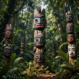 a totem in the jungle representing amazonian shamanic tradition, tribal masks, totem, hyper detailed, art by christophe vacher