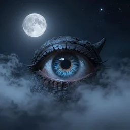 Eye of cthulu in the sky, misty weather, starry night, full moon, dark, blue light, haze, digital art