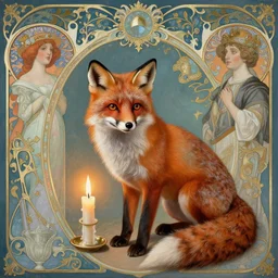 hyperrealistic detailed fox with candle in baroque painting, lights, art by ernst haeckel, john william godward, hammershøi, alphons mucha, pontormo, ornamental, decorative, art nouveau wallpaper, lights by hopper, pastel deep colours,