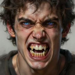 young rugged snarling man, hypnotic eyes, large teeth ( ( fangs ) ), digital painting, lots of details, extremely detailed, 4 k, intricate, brush strokes, mark arian, artgerm, bastien lecouffe - deharme