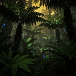 a beautiful render of a dark prehistoric fern forest, lush flora, patches of yellow sky, dark green leaves, blue shadows, intricate detail, hazy, humid, volumetric lighting, 8 k, photorealistic, raytracing effects, unreal engine 5