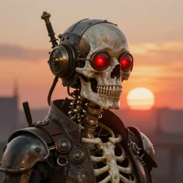 steampunk skeleton with glowing red eyes , backlight sunset artstation painting by greg rutkowski