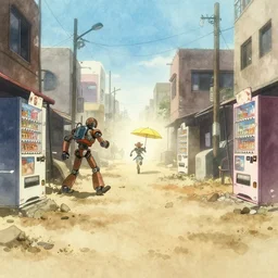 incredible wide screenshot, ultrawide, simple watercolor, rough paper texture, anime movie scene, backlit distant shot of robot cowboy running away from the troubles of life, side view, yellow parasol in deserted dusty shinjuku junk town, broken vending machines