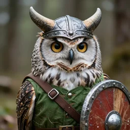dream A highly detailed, realistic anthropomorphic owl going to adventure wearing a horned viking helmet, shield, and green shirt.