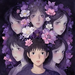 portrait, nightmare anomalies, flowers by miyazaki, violet and pink and white palette, illustration, kenneth blom, mental alchemy, james jean, pablo amaringo, naudline pierre, contemporary art, hyper detailed