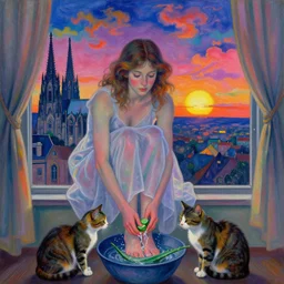 close portrait of woman in transparent vaporous night gown washing her feet with cat and aloe vera, with city with gothic cathedral seen from a window frame with curtains. sun setting through the clouds, vivid iridescent psychedelic colors. agnes pelton, egon schiele, munch, henri de toulouse - lautrec, utamaro, monet