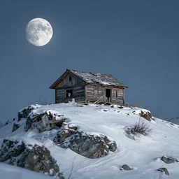 an abandoned cabin on the top of a snowy mountain, waxing moon, greg rutkowski, 8 k, shallow depth of field, intricate detail, concept art,