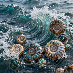 art nouveau cresting oil slick waves, ammonites, hyperdetailed bubbles in a shiny iridescent oil slick wave, ammolite, black opals, rococo, organic rippling spirals, octane render, 8 k 3 d, spirals, glistening seafoam, abalone, ammonite, druzy geode