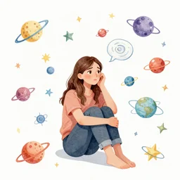 girl sitting in a web of thoughts and intergalactic objects and thoughts, despaired yet hopeful, watercolour stye digital art, vibrant colours