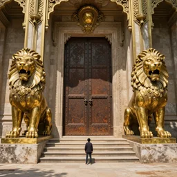 establishing shot, cinematic, person dwarfed by colossal brass lion statues, animation key shot of the great temple, ultra wide, door, stone steps, symmetrical statues, sunlight, ornate, rust, art deco, european, versailles, metal rivets, by the best artist, fantastic architecture, dry, dusty, dappled sunlight