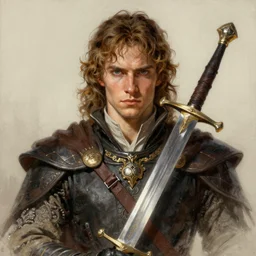 drawing painting portrait of a noble young man with a sword in style of game art lord of the rings banner saga ashes of gods frank miller alex ross trending