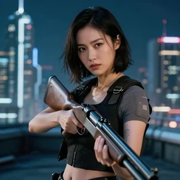 photographic portrait of a techwear woman holding a shotgun, holding shotgun down, closeup, on the rooftop of a futuristic city at night, sigma 85mm f/1.4, 4k, depth of field, high resolution, full color, award winning photography, Kill Bill, John Wick, Terminator, Die Hard, movies with guns, movie firearms