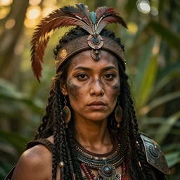 head and shoulders portrait of a female knight, tribal armor, headdress, smudged face, detailed face, photography by jimmy nelson, by paul schutzer, golden hour, jungle