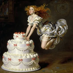 women jump from the huge cake, long hair, beautiful eyes, by greg hildebrandt fancy 1 5 century oil painting high quality clothed in fancy garb in pin up style